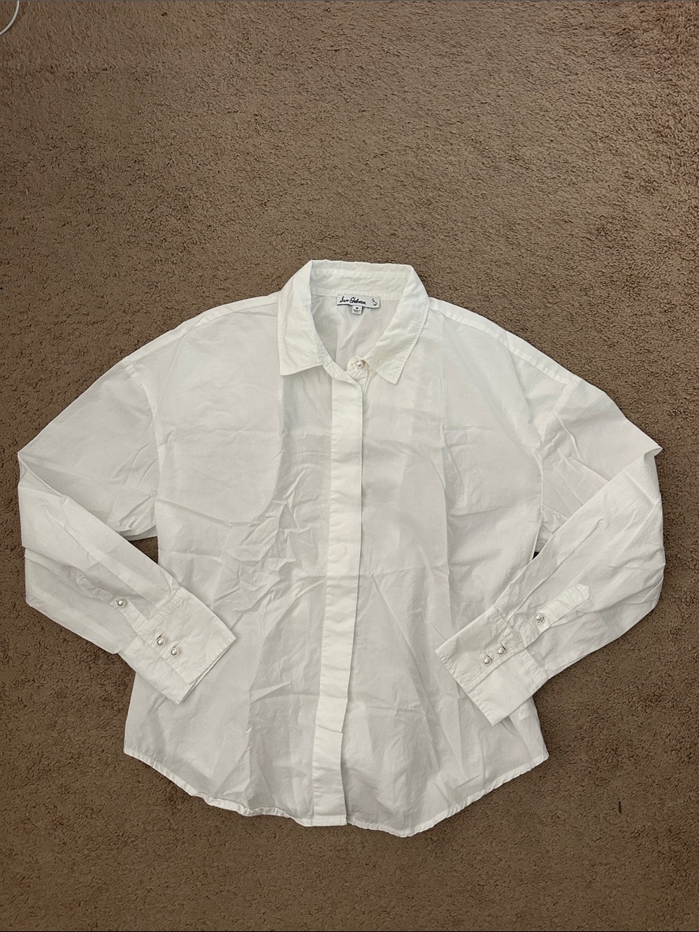 Sam Edelman Odette White Long Sleeve Blouse Pleated Back Pearl Buttons